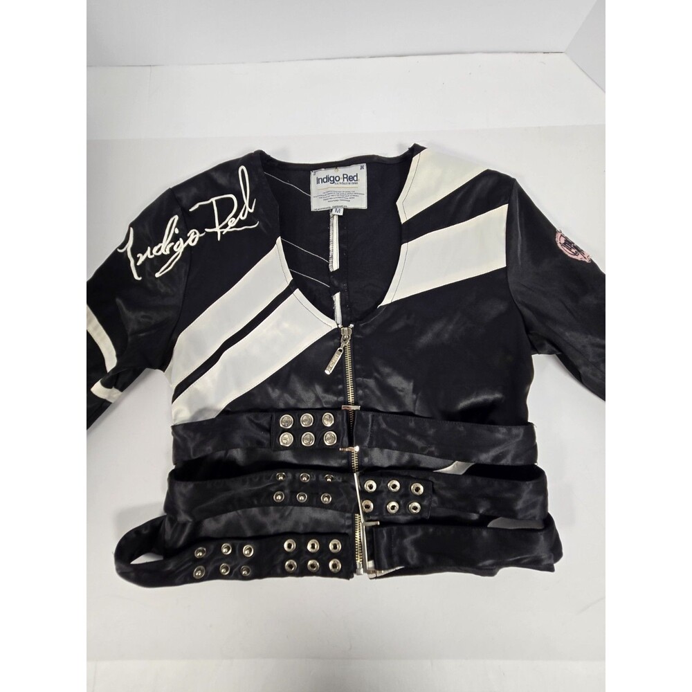 Indigo Red Black Satin Like Biker Cropped Jacket Grunge With Belt Buckles Size M - Picture 4 of 16
